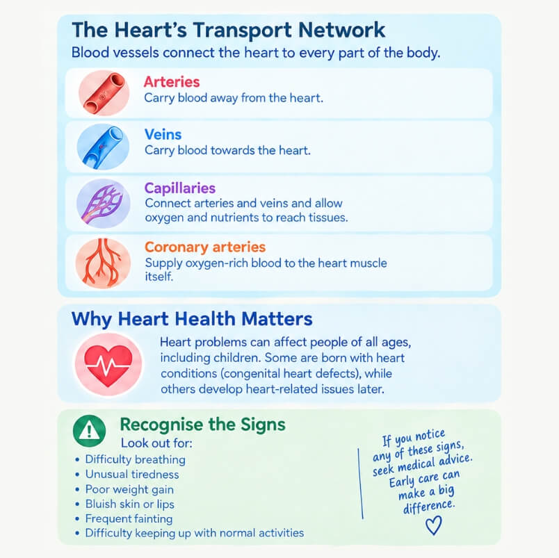 Educational infographic explaining the body's blood vessels (arteries, veins, capillaries, coronary arteries), why heart health matters, and symptoms of heart problems.