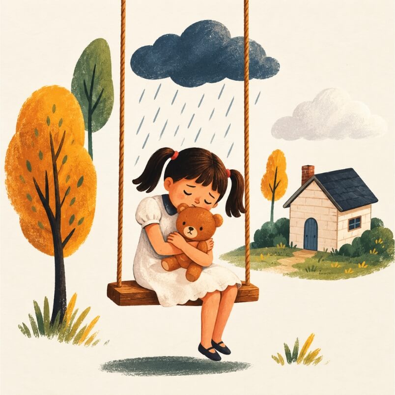Illustration of a young girl sitting alone on a swing, hugging a teddy bear as rain falls around her, with trees and a small house in the background.