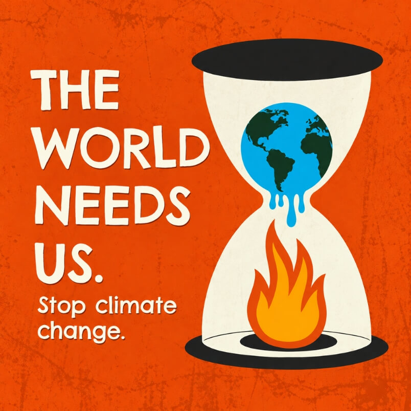 Climate change awareness illustration featuring an hourglass on a red background with text reading 'THE WORLD NEEDS US. Stop climate change.' inside which a melting Earth bleeds into a flame in the bottom chamber.